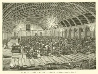 Weberei-Atelier beleuchtet von Jablochkoff-Lampen